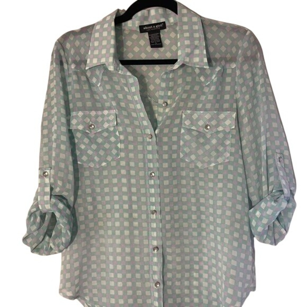 Green, lavender and white checkered blouse with pearl button shirt